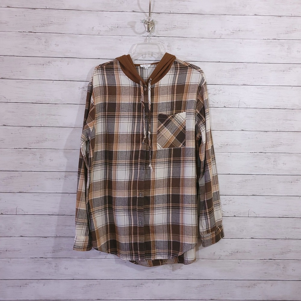 La‎ Miel Brown Plaid Hooded Flannel Shirt Elbow Patches Womens Size Medium